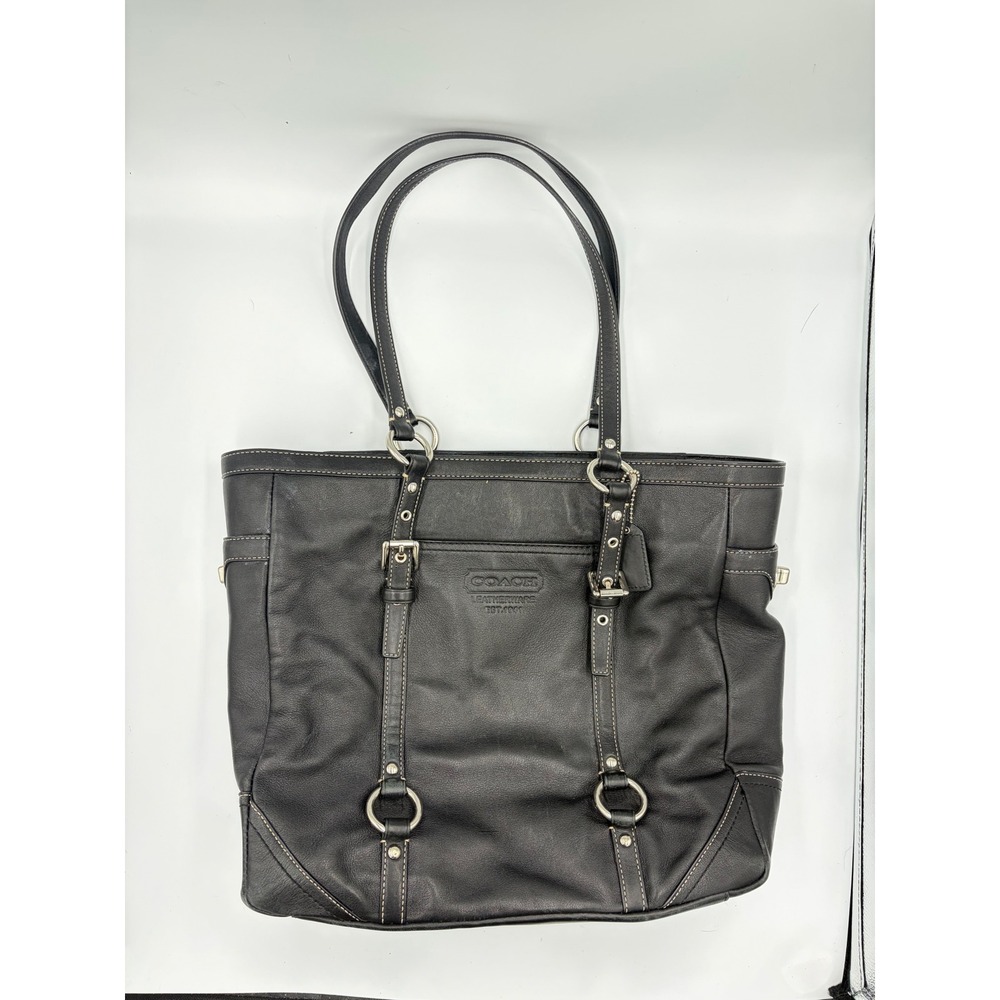 Coach Hamptons Black Leather Tote Bag Silver Hardware